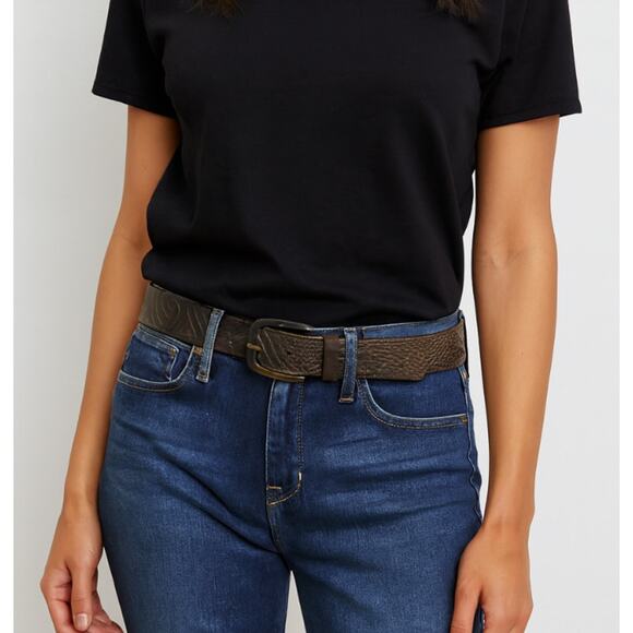 Lucky Brand Black Brown Tooled Embossed Leather Belt Brass Buckle Boho S NEW - Picture 4 of 9